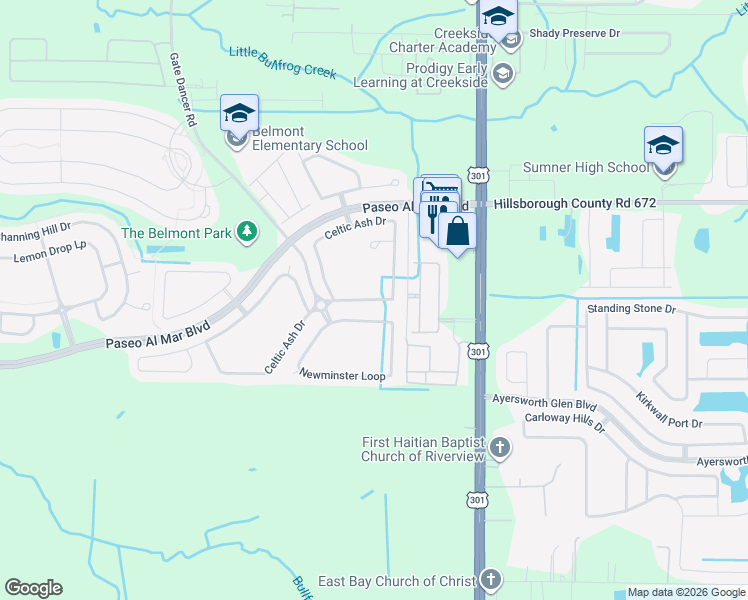 map of restaurants, bars, coffee shops, grocery stores, and more near 10126 Celtic Ash Drive in Riverview