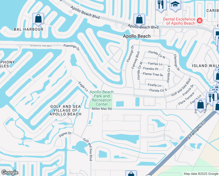 map of restaurants, bars, coffee shops, grocery stores, and more near 656 Flamingo Drive in Apollo Beach