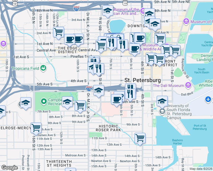 map of restaurants, bars, coffee shops, grocery stores, and more near 745 Delmar Terrace South in St. Petersburg