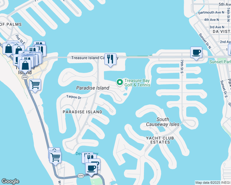 map of restaurants, bars, coffee shops, grocery stores, and more near 504 Sandy Hook Road in Treasure Island