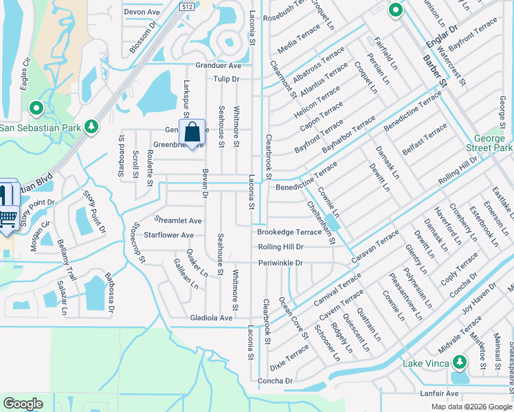 map of restaurants, bars, coffee shops, grocery stores, and more near 1448 Laconia Street in Sebastian