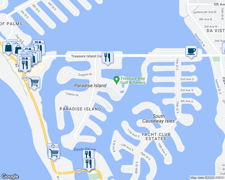 map of restaurants, bars, coffee shops, grocery stores, and more near 504 Sandy Hook Road in Treasure Island