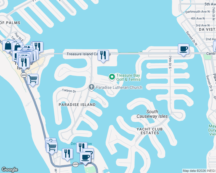 map of restaurants, bars, coffee shops, grocery stores, and more near 504 Sandy Hook Road in Treasure Island