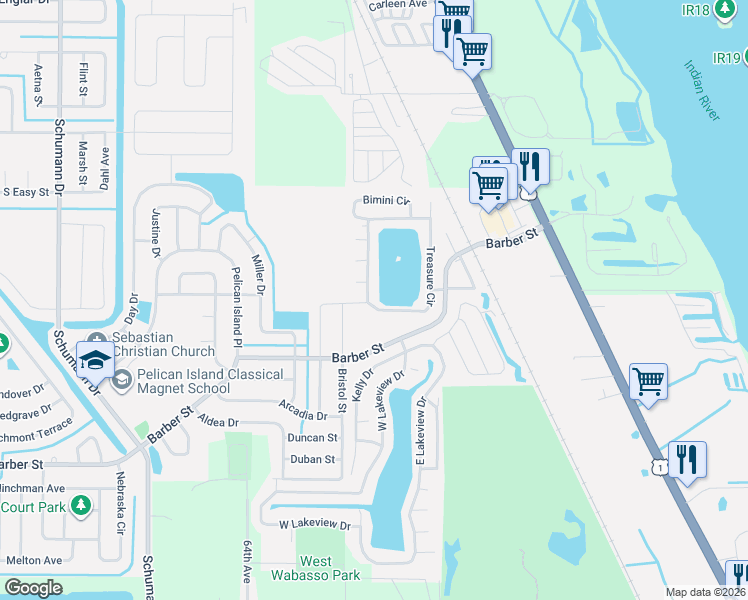 map of restaurants, bars, coffee shops, grocery stores, and more near 67 Treasure Circle in Sebastian
