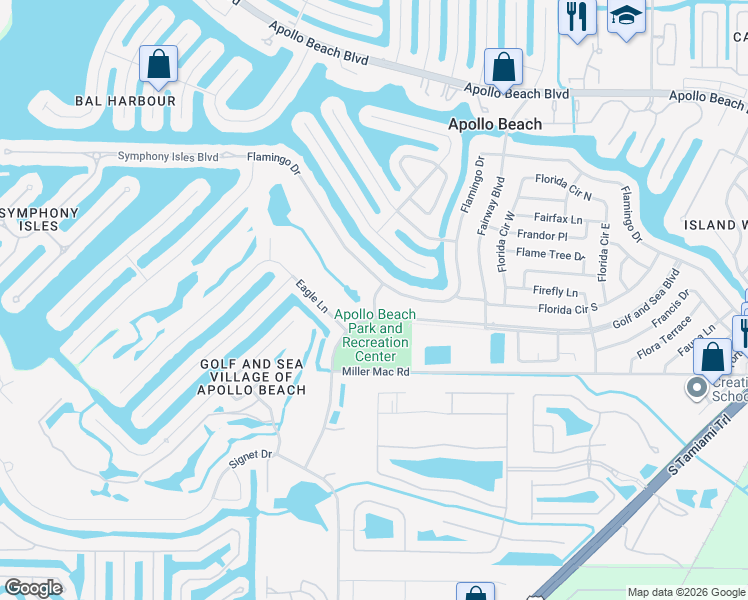 map of restaurants, bars, coffee shops, grocery stores, and more near 6105 Cacao Drive in Apollo Beach