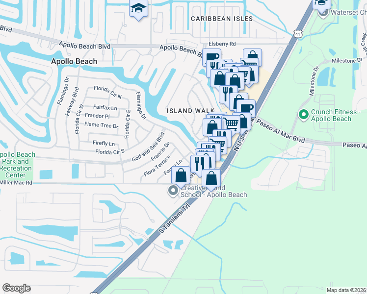 map of restaurants, bars, coffee shops, grocery stores, and more near 304 Flamingo Drive in Apollo Beach