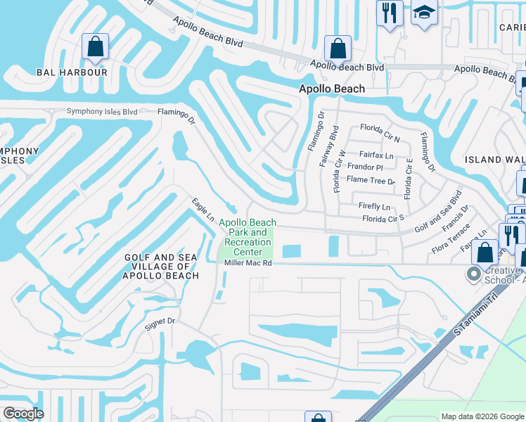 map of restaurants, bars, coffee shops, grocery stores, and more near 656 Flamingo Drive in Apollo Beach