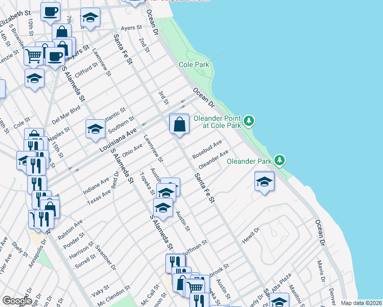 map of restaurants, bars, coffee shops, grocery stores, and more near 253 Leming Avenue in Corpus Christi