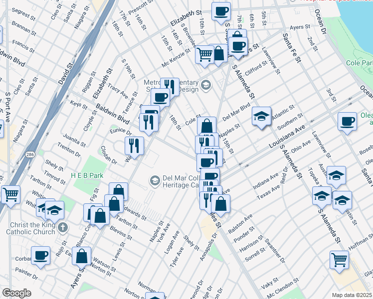 map of restaurants, bars, coffee shops, grocery stores, and more near 233 Glendale Drive in Corpus Christi