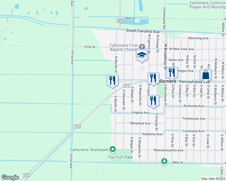 map of restaurants, bars, coffee shops, grocery stores, and more near 36 North Myrtle Street in Fellsmere