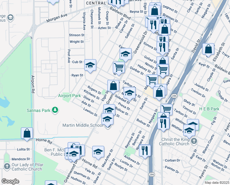 map of restaurants, bars, coffee shops, grocery stores, and more near 3154 Greenwood Drive in Corpus Christi