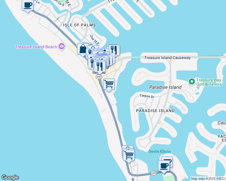 map of restaurants, bars, coffee shops, grocery stores, and more near 117 104th Avenue in Treasure Island