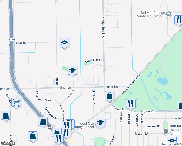 map of restaurants, bars, coffee shops, grocery stores, and more near 1133 Green Earth Drive in Corpus Christi