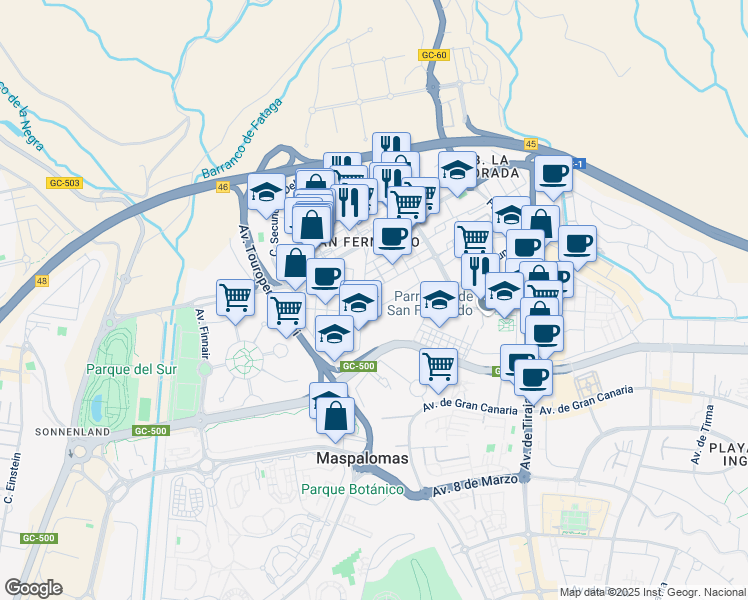 map of restaurants, bars, coffee shops, grocery stores, and more near s/n Plaza de Timanfaya in Maspalomas