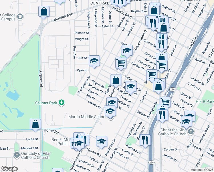 map of restaurants, bars, coffee shops, grocery stores, and more near 2724 Rogers Street in Corpus Christi