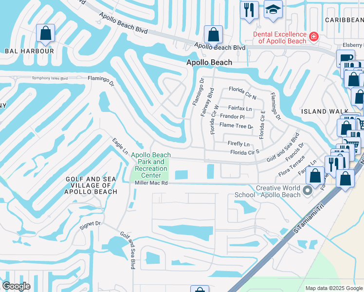 map of restaurants, bars, coffee shops, grocery stores, and more near 625 Flamingo Drive in Apollo Beach