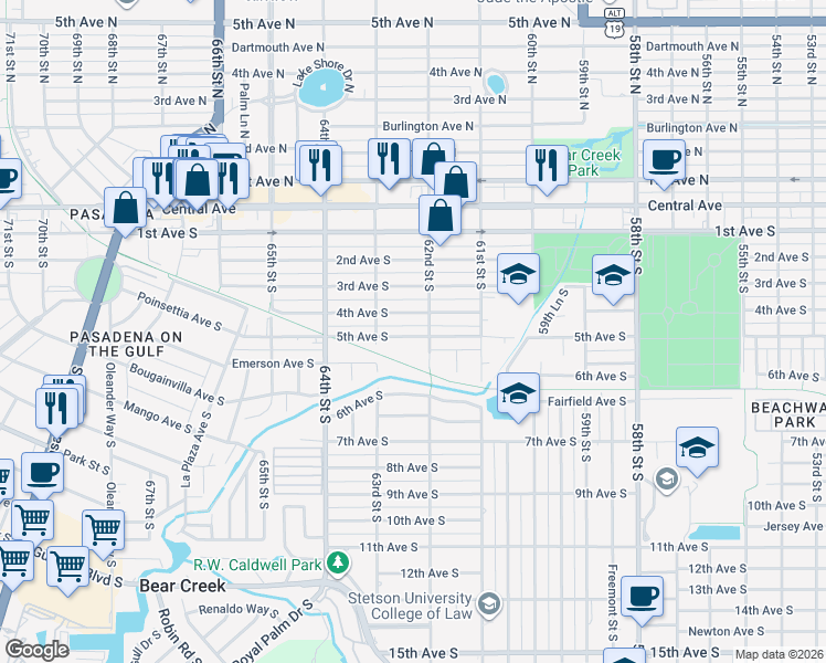 map of restaurants, bars, coffee shops, grocery stores, and more near 6231 5th Avenue South in Saint Petersburg