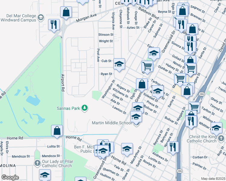 map of restaurants, bars, coffee shops, grocery stores, and more near 2913 Kitchens Street in Corpus Christi