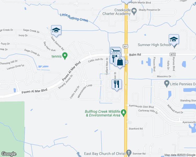 map of restaurants, bars, coffee shops, grocery stores, and more near 10126 Celtic Ash Drive in Ruskin