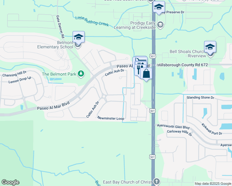 map of restaurants, bars, coffee shops, grocery stores, and more near 10118 Celtic Ash Drive in Ruskin