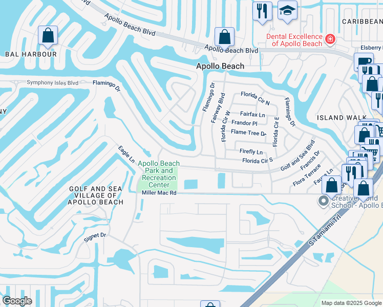 map of restaurants, bars, coffee shops, grocery stores, and more near 625 Flamingo Drive in Apollo Beach