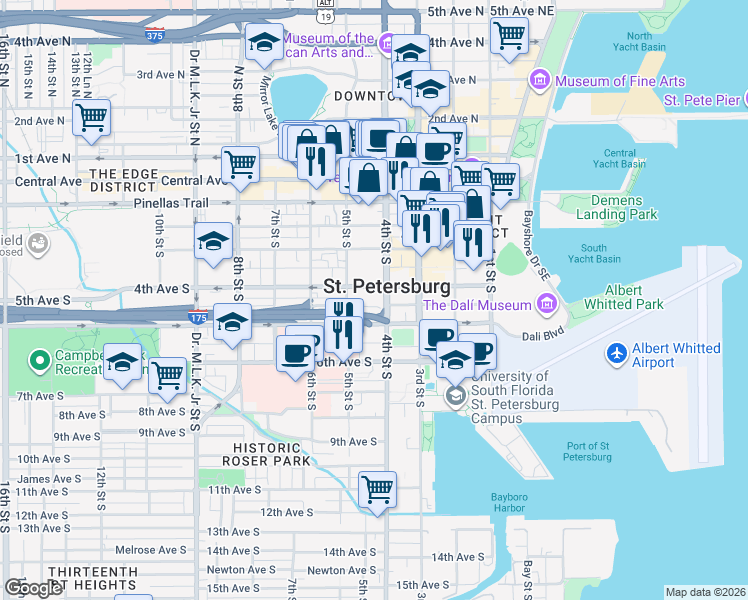 map of restaurants, bars, coffee shops, grocery stores, and more near 441 1/2 Delmar Terrace South in St. Petersburg