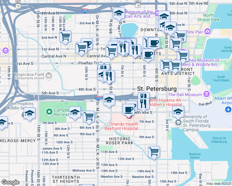 map of restaurants, bars, coffee shops, grocery stores, and more near 745 Delmar Terrace South in St. Petersburg