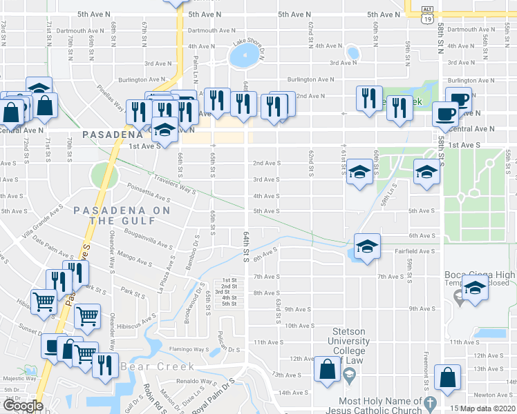 map of restaurants, bars, coffee shops, grocery stores, and more near 6359 5th Avenue South in St. Petersburg