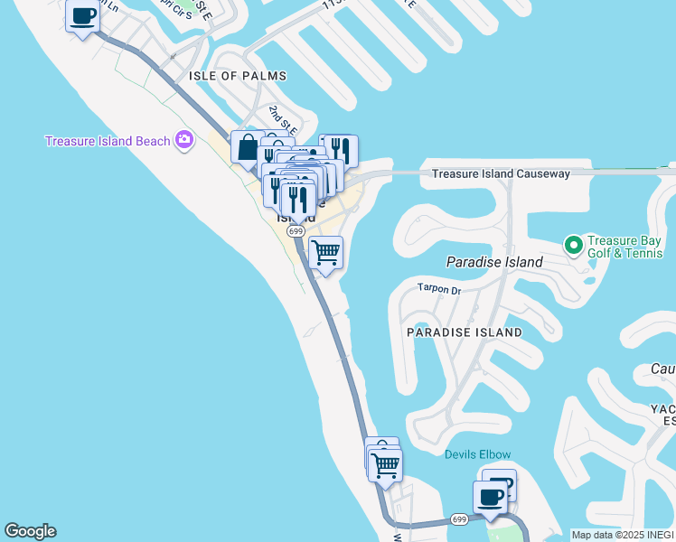 map of restaurants, bars, coffee shops, grocery stores, and more near 117 104th Avenue in Treasure Island