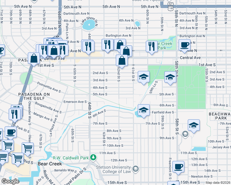 map of restaurants, bars, coffee shops, grocery stores, and more near 6211 5th Avenue South in St. Petersburg