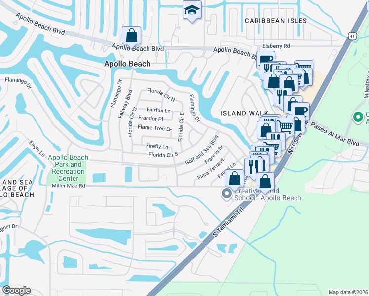 map of restaurants, bars, coffee shops, grocery stores, and more near 6012 Florida Circle South in Apollo Beach