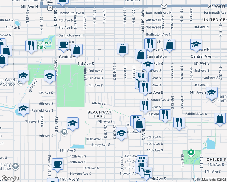 map of restaurants, bars, coffee shops, grocery stores, and more near 5201 5th Avenue South in St. Petersburg