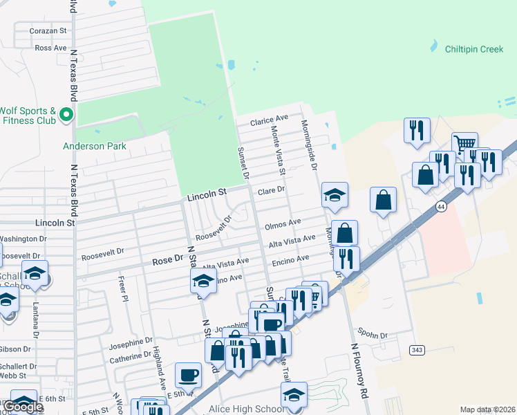 map of restaurants, bars, coffee shops, grocery stores, and more near 1801 Newell Street in Alice