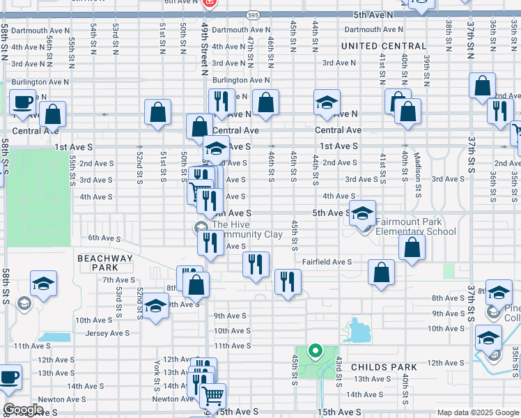 map of restaurants, bars, coffee shops, grocery stores, and more near 4635 5th Avenue South in St. Petersburg