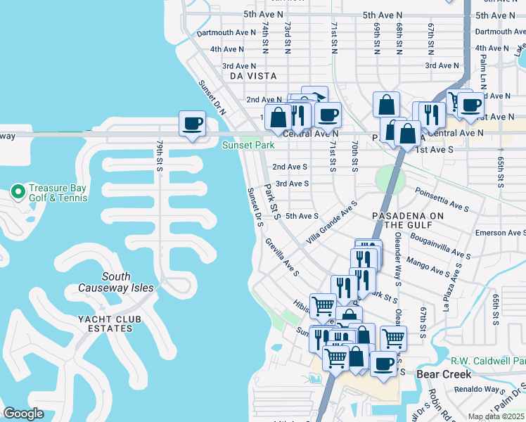 map of restaurants, bars, coffee shops, grocery stores, and more near 416 Sunset Drive South in Saint Petersburg