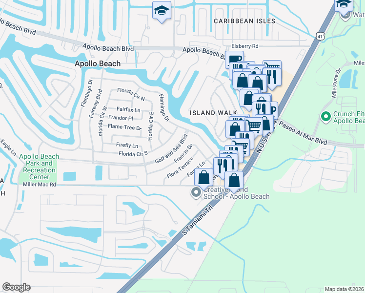 map of restaurants, bars, coffee shops, grocery stores, and more near 6057 Golf and Sea Boulevard in Apollo Beach
