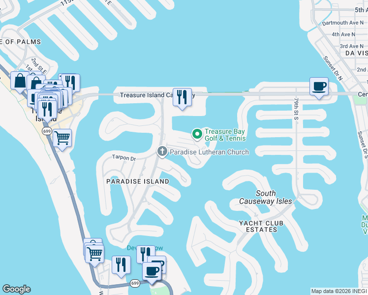 map of restaurants, bars, coffee shops, grocery stores, and more near 504 Sandy Hook Road in Treasure Island