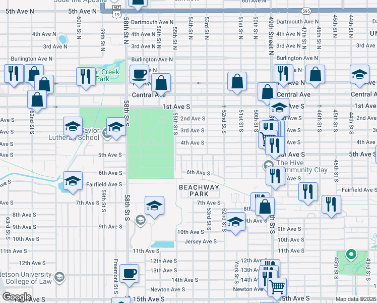 map of restaurants, bars, coffee shops, grocery stores, and more near 5401 5th Avenue South in St. Petersburg