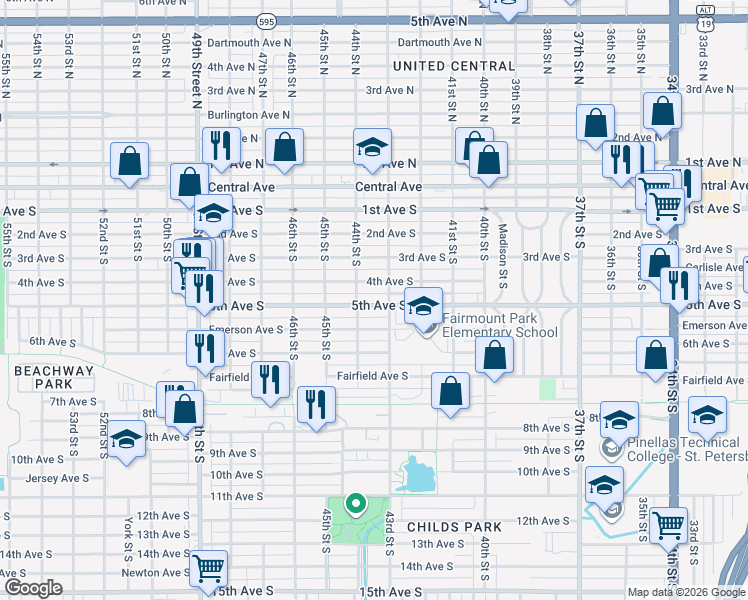map of restaurants, bars, coffee shops, grocery stores, and more near 4325 5th Avenue South in St. Petersburg