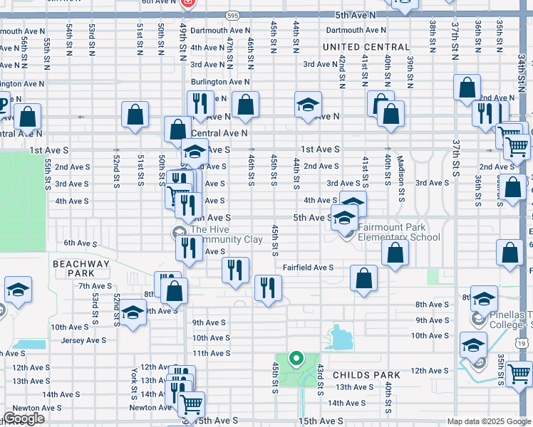 map of restaurants, bars, coffee shops, grocery stores, and more near 4519 5th Avenue South in St. Petersburg