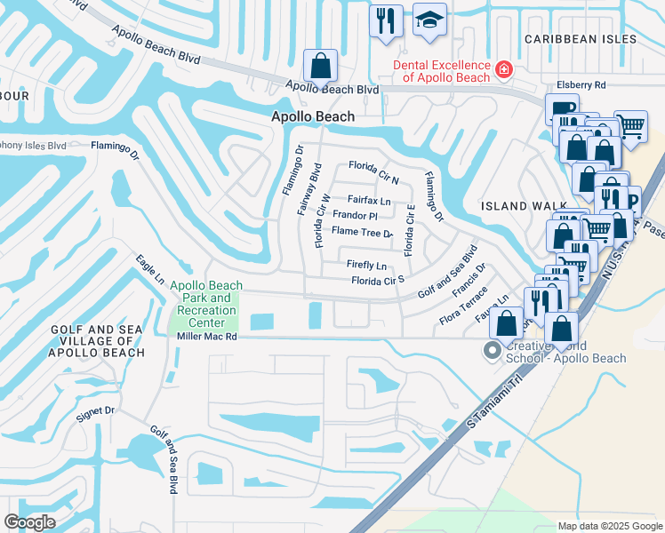 map of restaurants, bars, coffee shops, grocery stores, and more near 544 Firefly Lane in Apollo Beach