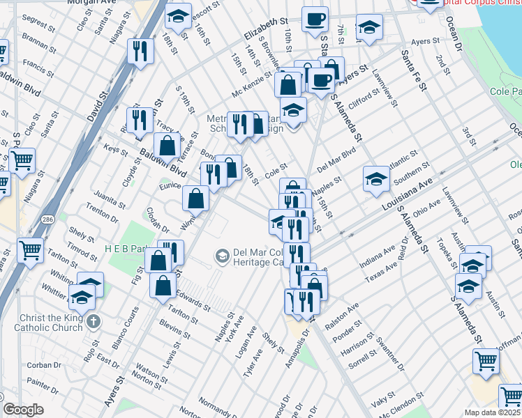 map of restaurants, bars, coffee shops, grocery stores, and more near 233 Glendale Drive in Corpus Christi