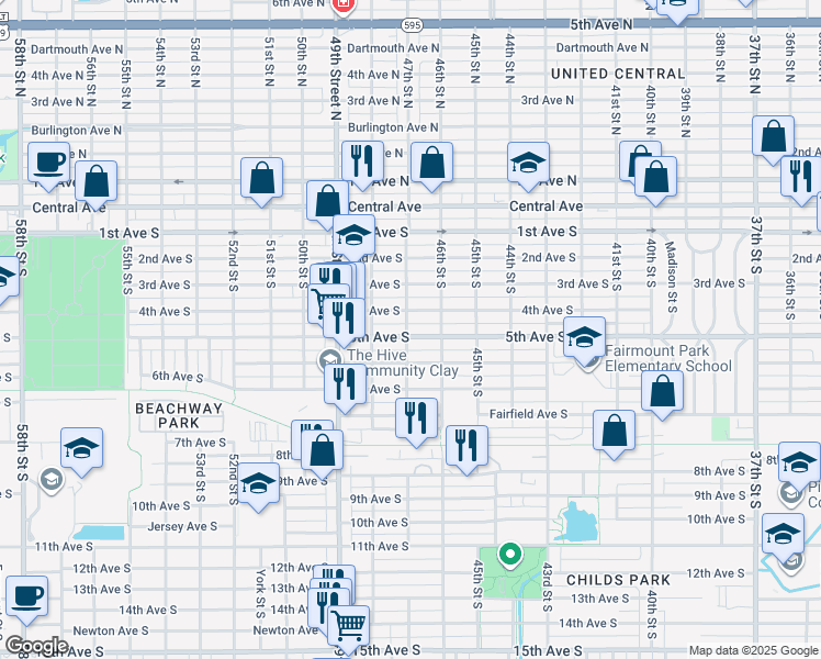 map of restaurants, bars, coffee shops, grocery stores, and more near 4635 5th Avenue South in St. Petersburg