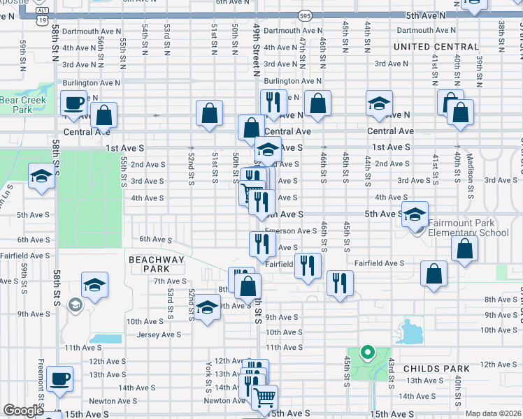 map of restaurants, bars, coffee shops, grocery stores, and more near 440 49th Street South in Saint Petersburg