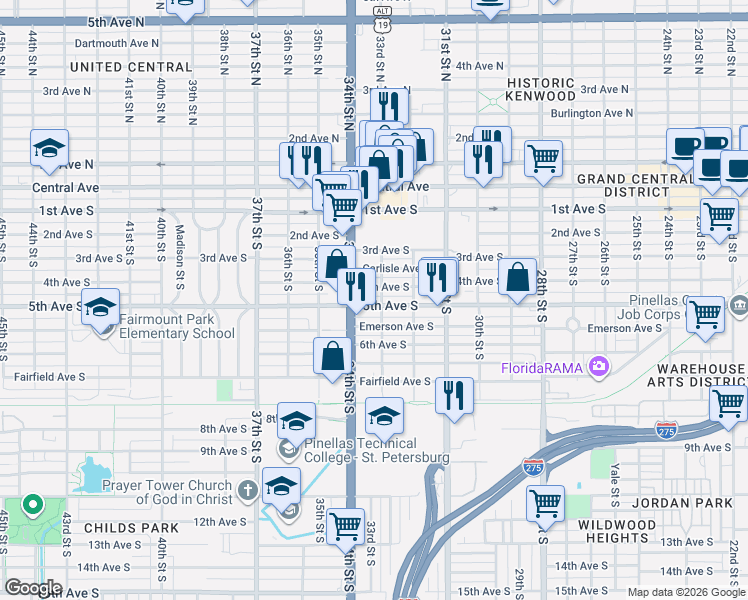 map of restaurants, bars, coffee shops, grocery stores, and more near 3301 5th Avenue South in St. Petersburg