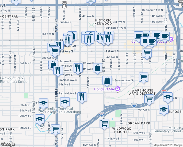 map of restaurants, bars, coffee shops, grocery stores, and more near 2956 5th Avenue South in St. Petersburg