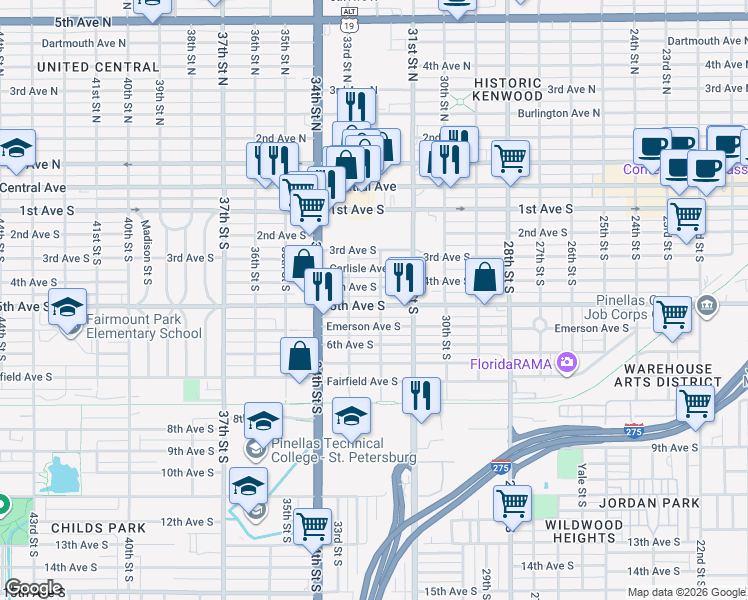 map of restaurants, bars, coffee shops, grocery stores, and more near 3211 5th Avenue South in St. Petersburg