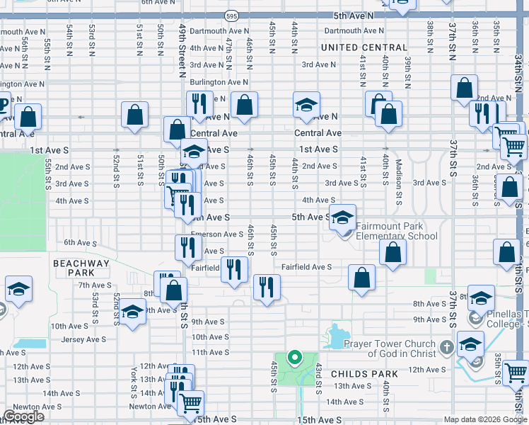 map of restaurants, bars, coffee shops, grocery stores, and more near 4519 5th Avenue South in St. Petersburg