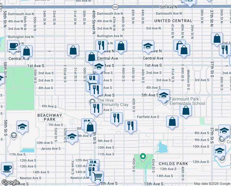 map of restaurants, bars, coffee shops, grocery stores, and more near 4635 5th Avenue South in St. Petersburg