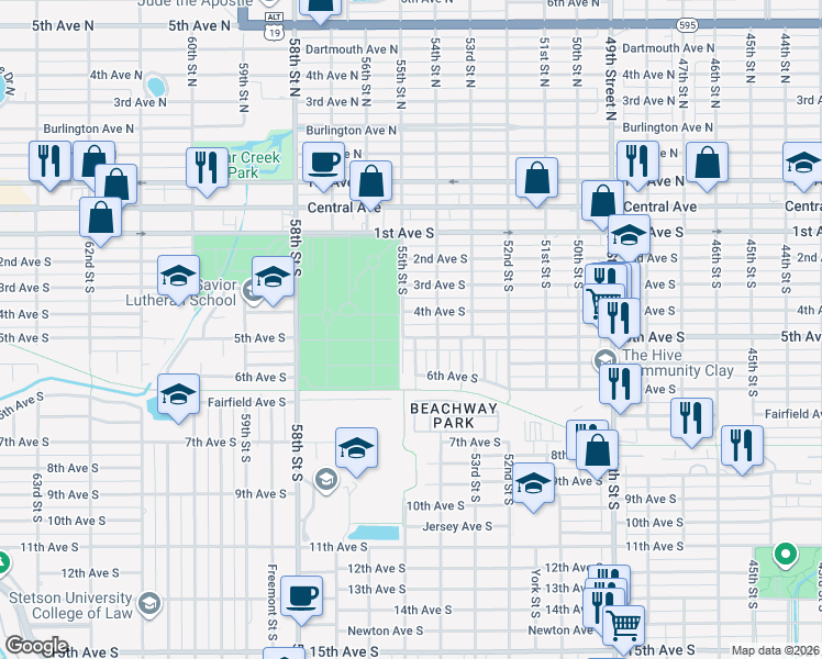 map of restaurants, bars, coffee shops, grocery stores, and more near 5401 5th Avenue South in St. Petersburg